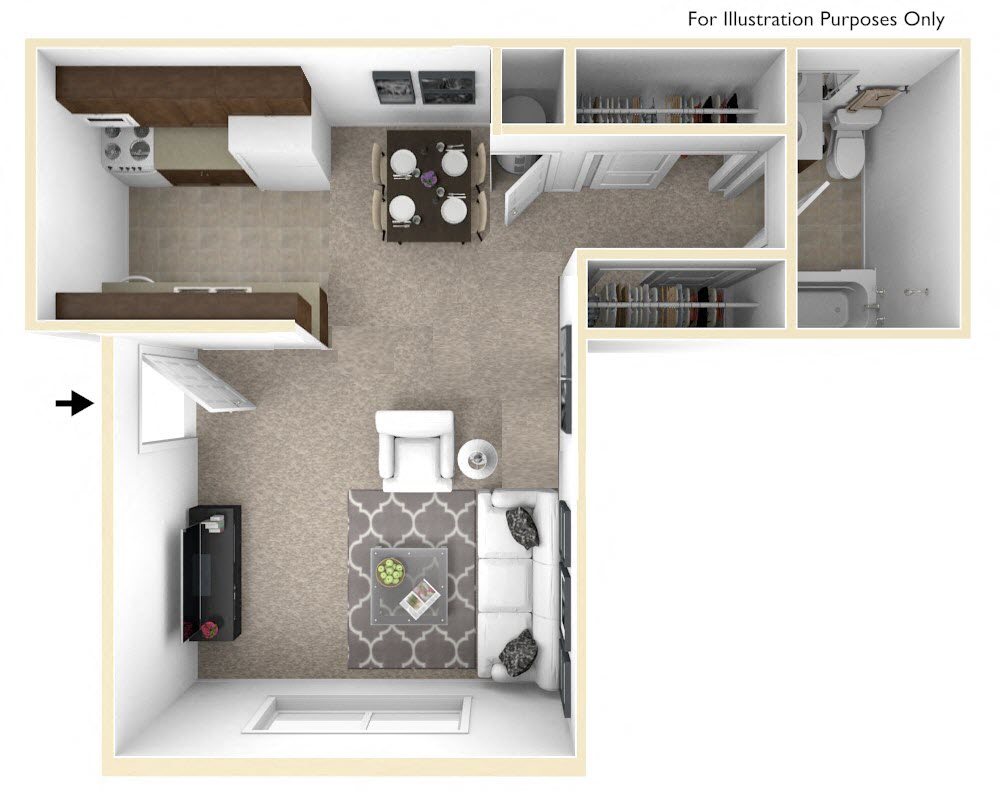 Floor plan for studio, 1 bath, 400 sqft